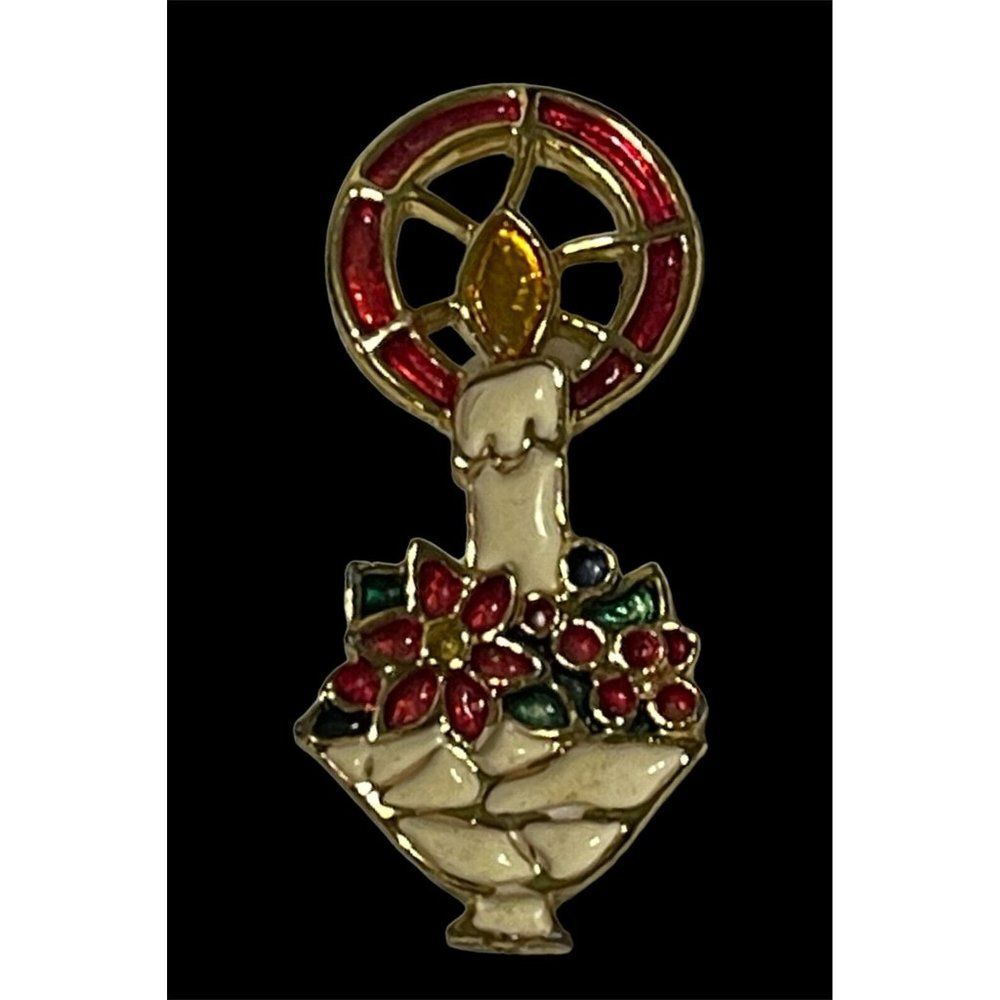 Vtg Beatrix Gold Tone Enamel Christmas Candle Holiday Pin Brooch Stained Glass